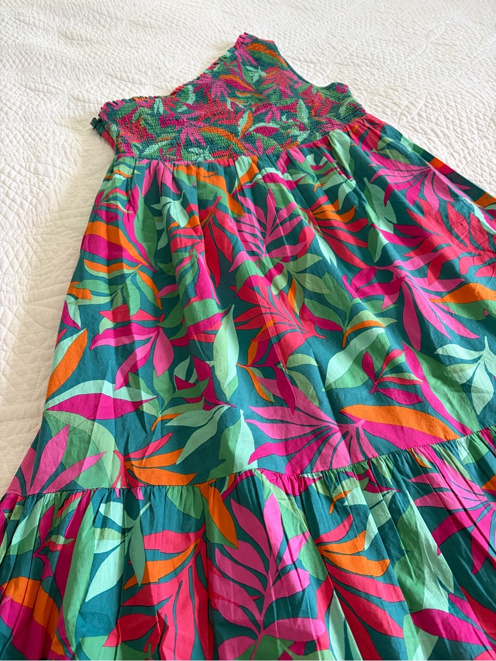 JCREW FACTORY One-shoulder smocked midi dress. Vivid Jade Multi. Large. - Picture 5 of 9